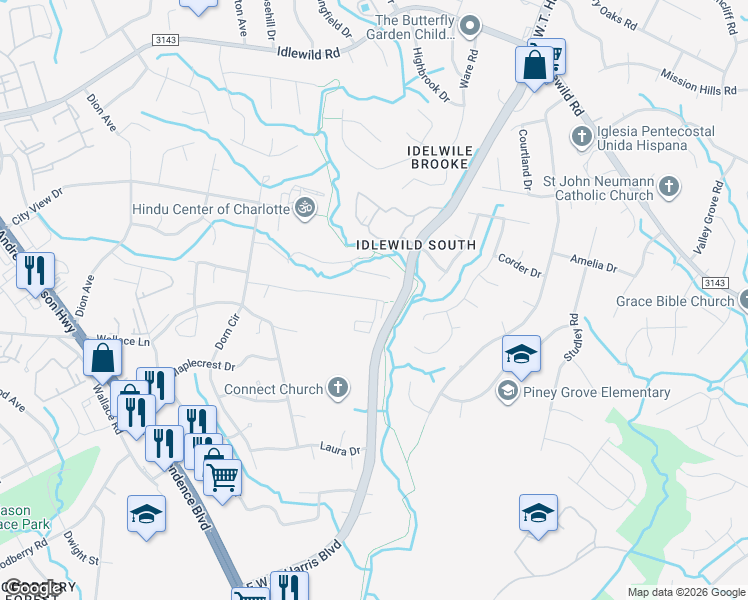 map of restaurants, bars, coffee shops, grocery stores, and more near 7844 East Lane Drive in Charlotte