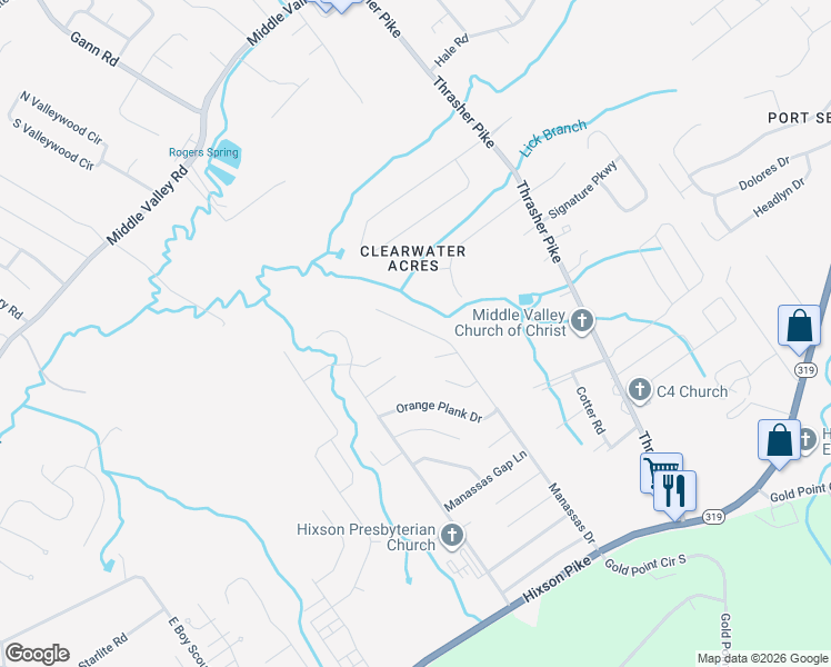map of restaurants, bars, coffee shops, grocery stores, and more near 6501 Brigade Lane in Middle Valley