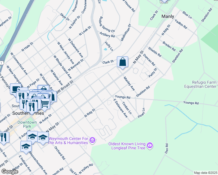 map of restaurants, bars, coffee shops, grocery stores, and more near 825 North May Street in Southern Pines