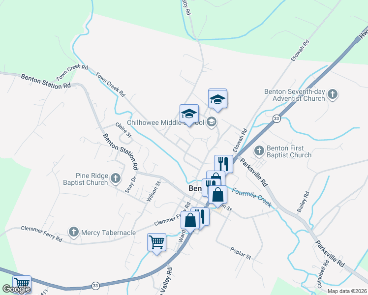 map of restaurants, bars, coffee shops, grocery stores, and more near 442 Town Creek Road in Benton