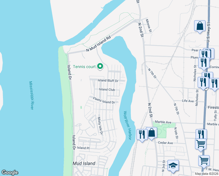 map of restaurants, bars, coffee shops, grocery stores, and more near 1329 Island Town Drive in Memphis