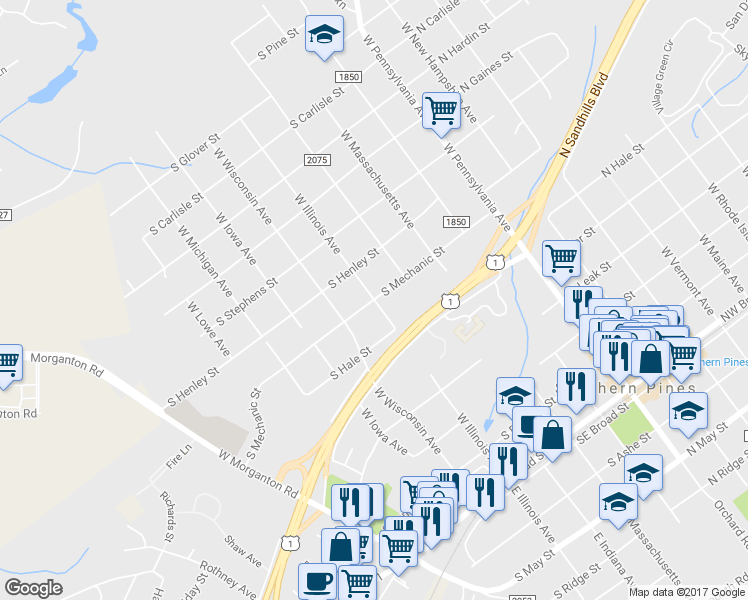 map of restaurants, bars, coffee shops, grocery stores, and more near West Illinois Avenue in Southern Pines