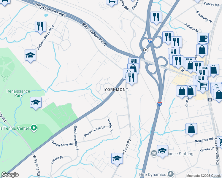map of restaurants, bars, coffee shops, grocery stores, and more near 605 Candler Lane in Charlotte