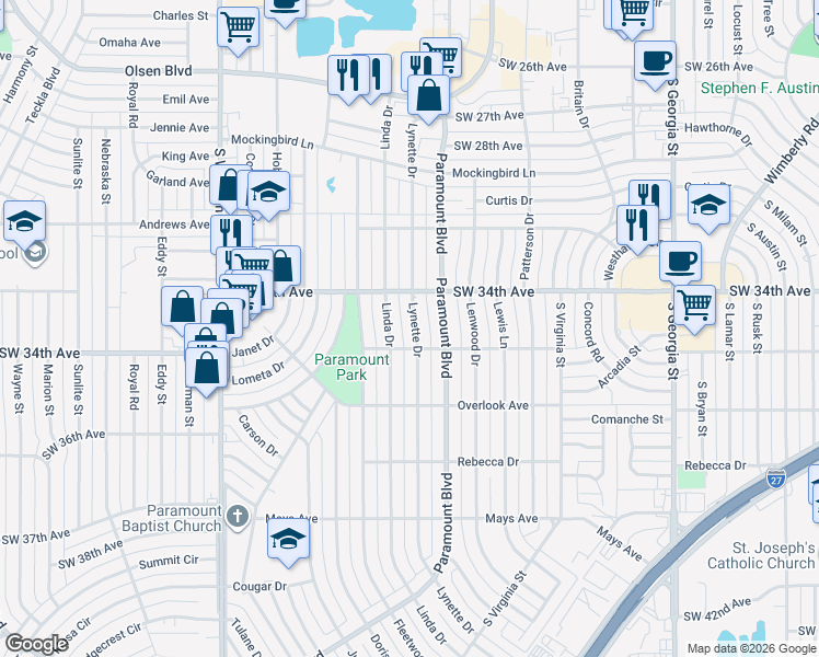 map of restaurants, bars, coffee shops, grocery stores, and more near 3412 Lynette Drive in Amarillo