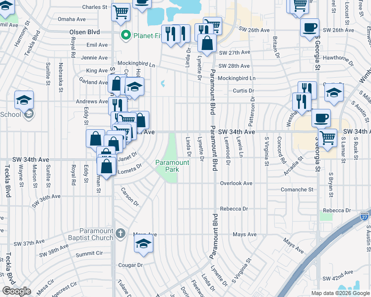 map of restaurants, bars, coffee shops, grocery stores, and more near 3501 Linda Drive in Amarillo