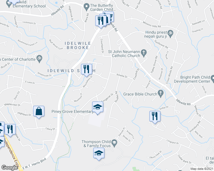 map of restaurants, bars, coffee shops, grocery stores, and more near 3610 Piney Grove Road in Charlotte
