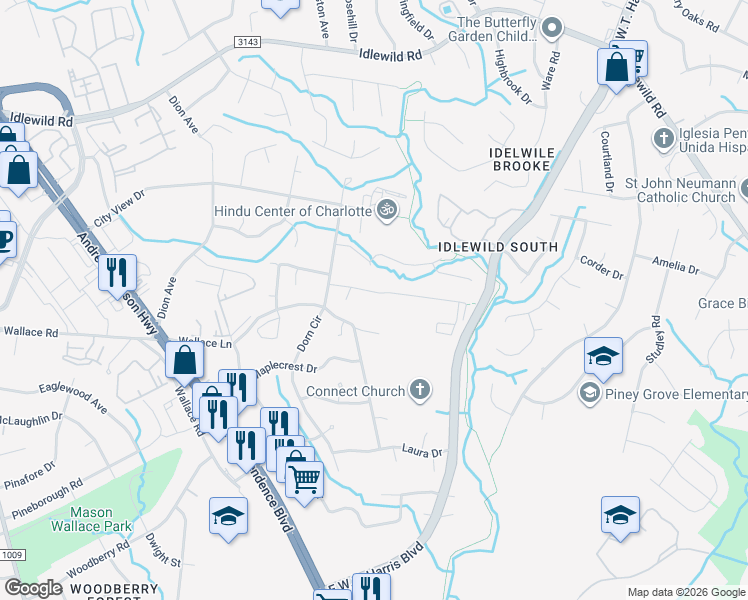 map of restaurants, bars, coffee shops, grocery stores, and more near 7211 Holly Lee Drive in Charlotte