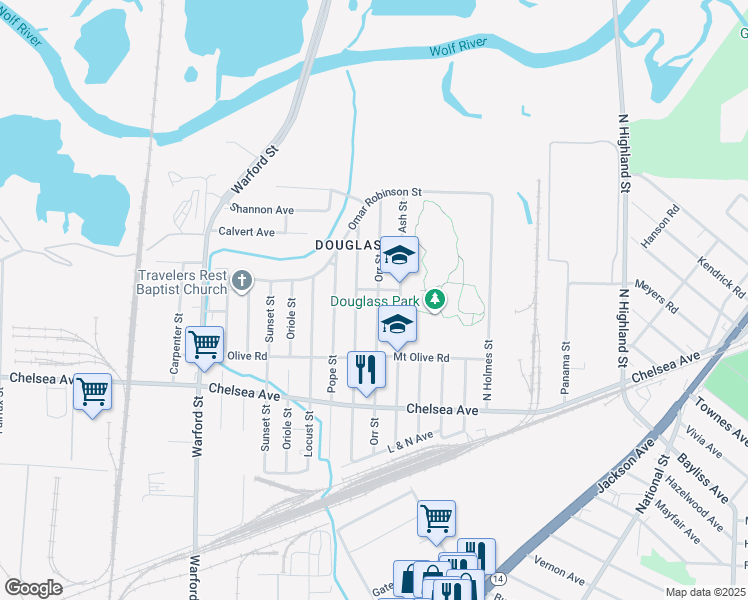map of restaurants, bars, coffee shops, grocery stores, and more near 1613 Orr Street in Memphis