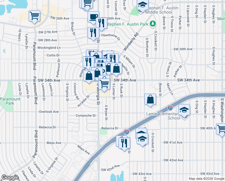 map of restaurants, bars, coffee shops, grocery stores, and more near 2398 W 35th Ave in Amarillo