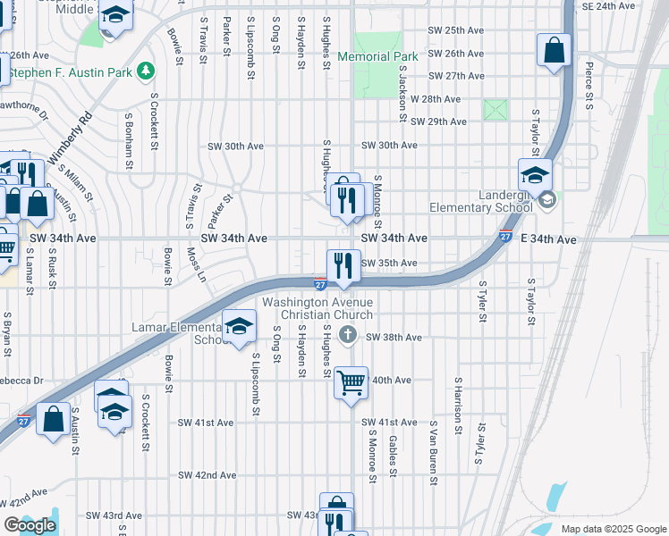 map of restaurants, bars, coffee shops, grocery stores, and more near 3600 South Hughes Street in Amarillo