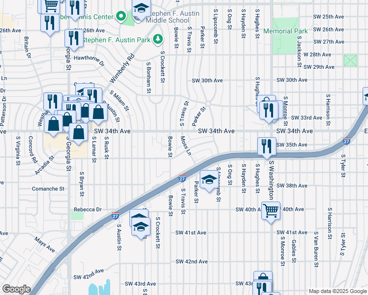 map of restaurants, bars, coffee shops, grocery stores, and more near 3512 Moss Lane in Amarillo