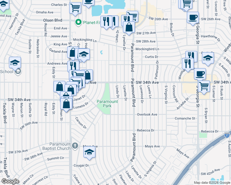 map of restaurants, bars, coffee shops, grocery stores, and more near 3501 Linda Drive in Amarillo