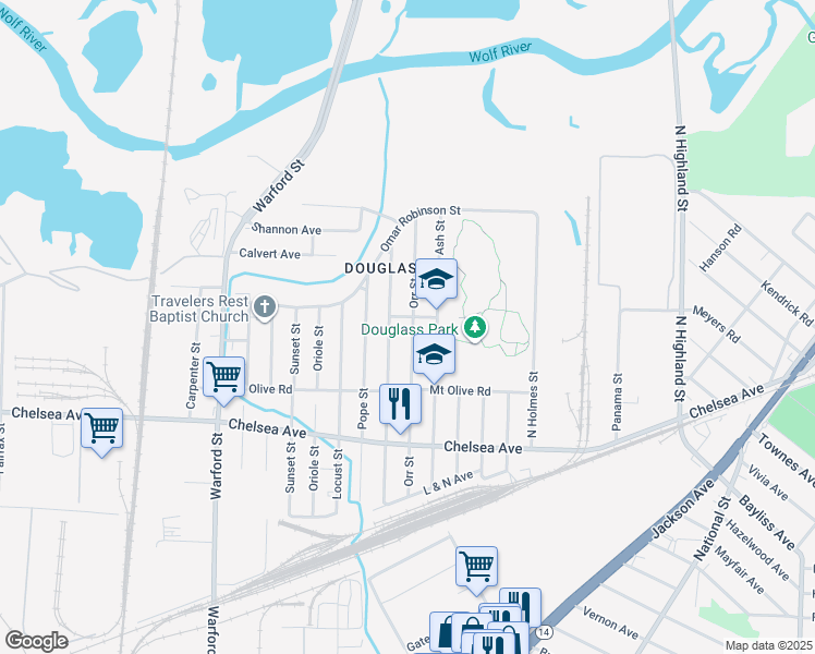 map of restaurants, bars, coffee shops, grocery stores, and more near 1613 Orr Street in Memphis