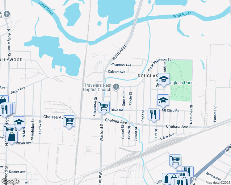map of restaurants, bars, coffee shops, grocery stores, and more near 1610 Lake Grove Street in Memphis