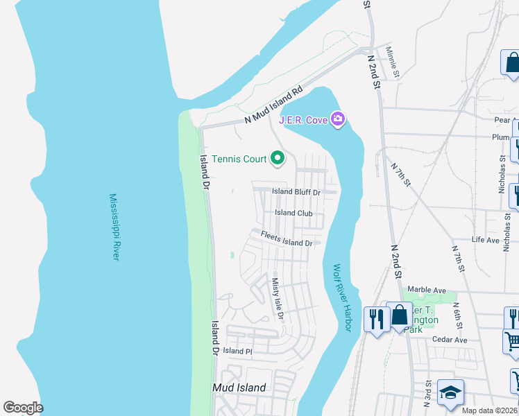 map of restaurants, bars, coffee shops, grocery stores, and more near 1325 Island Shore Drive in Memphis
