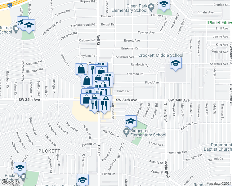map of restaurants, bars, coffee shops, grocery stores, and more near 5519 Pinto Lane in Amarillo