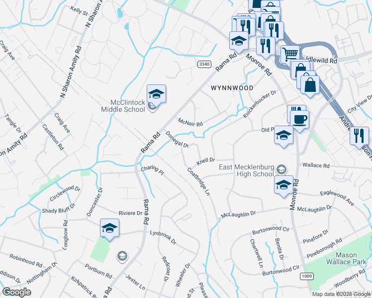 map of restaurants, bars, coffee shops, grocery stores, and more near 5825 Coatbridge Lane in Charlotte