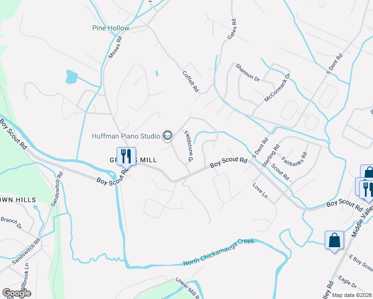 map of restaurants, bars, coffee shops, grocery stores, and more near 1104 Fieldstone Drive in Middle Valley