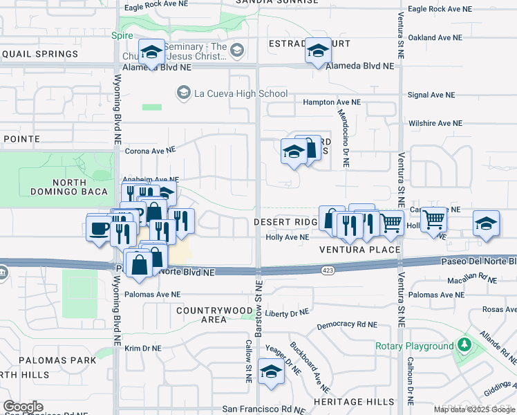 map of restaurants, bars, coffee shops, grocery stores, and more near Barstow Street Northeast in Albuquerque