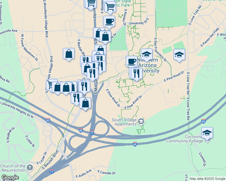 map of restaurants, bars, coffee shops, grocery stores, and more near 2300 South Huffer Lane in Flagstaff
