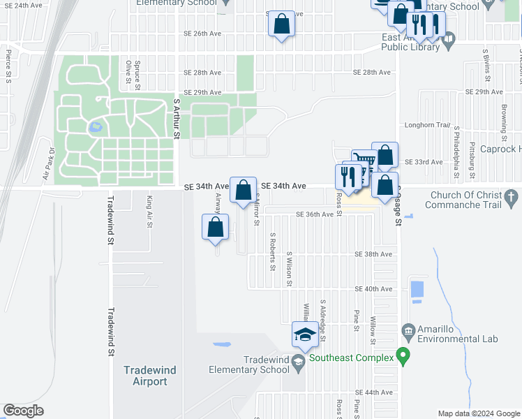 map of restaurants, bars, coffee shops, grocery stores, and more near 3519 South Mirror Street in Amarillo