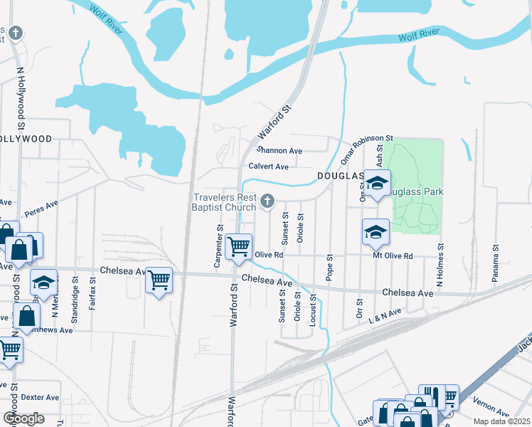 map of restaurants, bars, coffee shops, grocery stores, and more near 1610 Lake Grove Street in Memphis