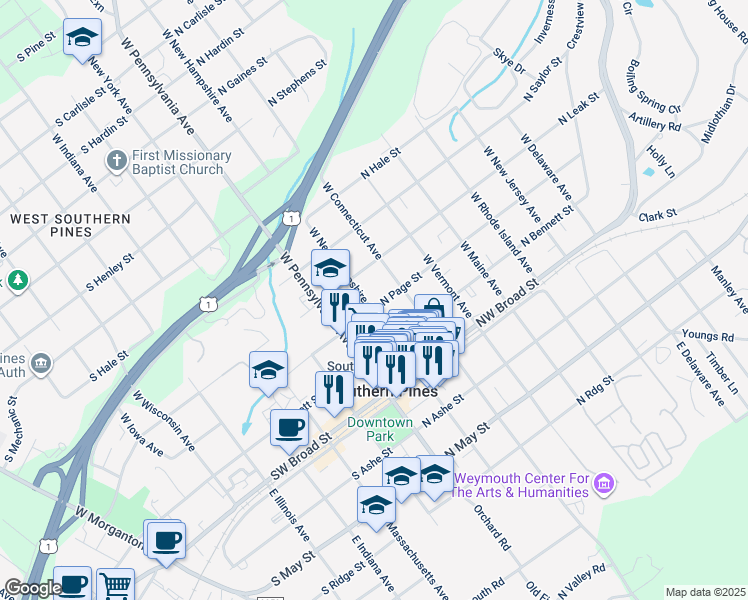 map of restaurants, bars, coffee shops, grocery stores, and more near 210 North Page Street in Southern Pines