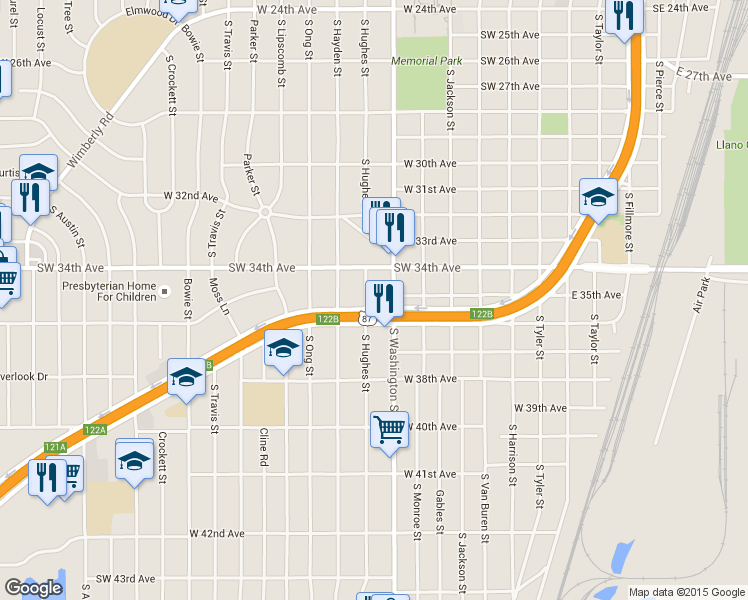 map of restaurants, bars, coffee shops, grocery stores, and more near 3600 South Hughes Street in Amarillo