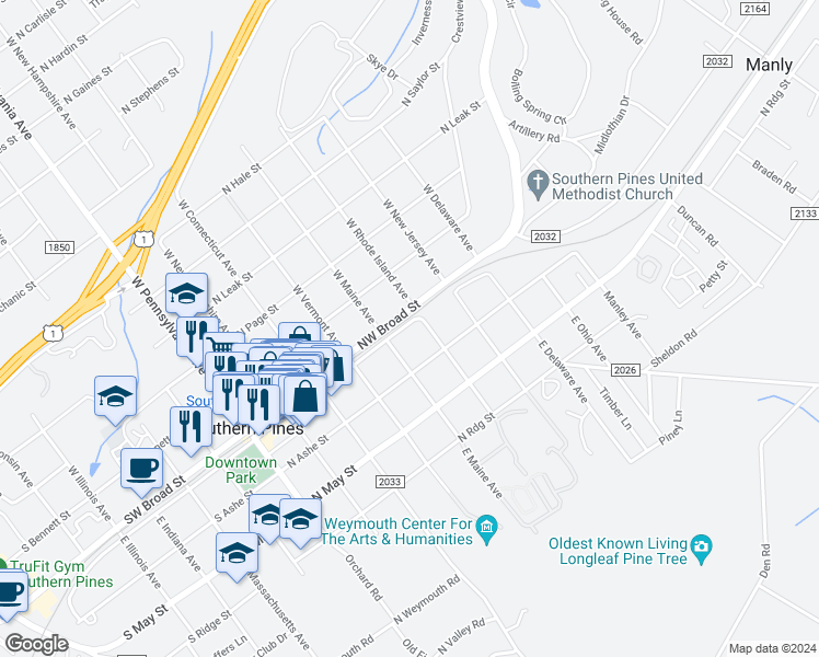 map of restaurants, bars, coffee shops, grocery stores, and more near 561 Northeast Broad Street in Southern Pines