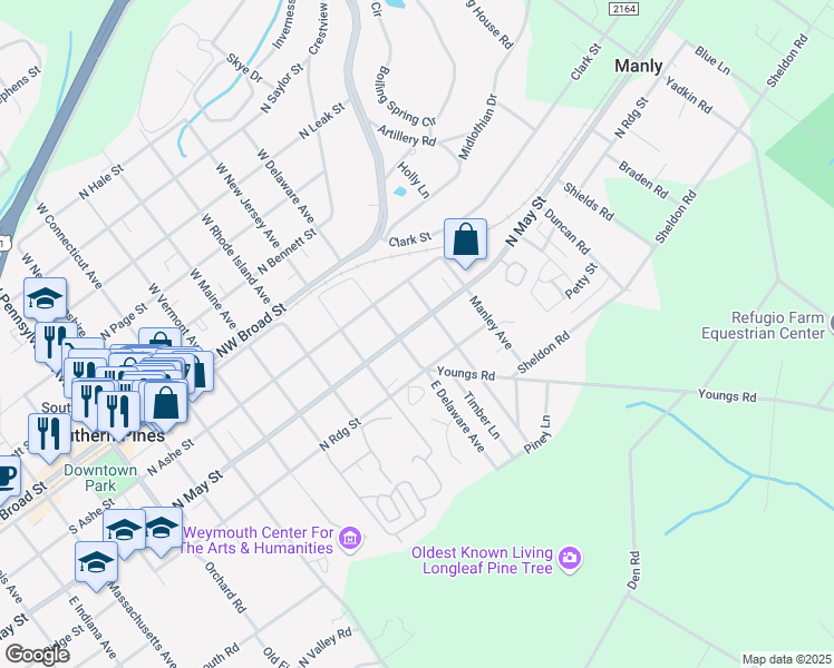 map of restaurants, bars, coffee shops, grocery stores, and more near 845 North May Street in Southern Pines