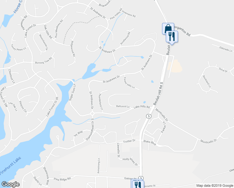 map of restaurants, bars, coffee shops, grocery stores, and more near 175 Baltusrol Lane in Pinehurst