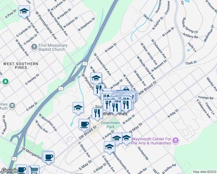 map of restaurants, bars, coffee shops, grocery stores, and more near 210 North Page Street in Southern Pines