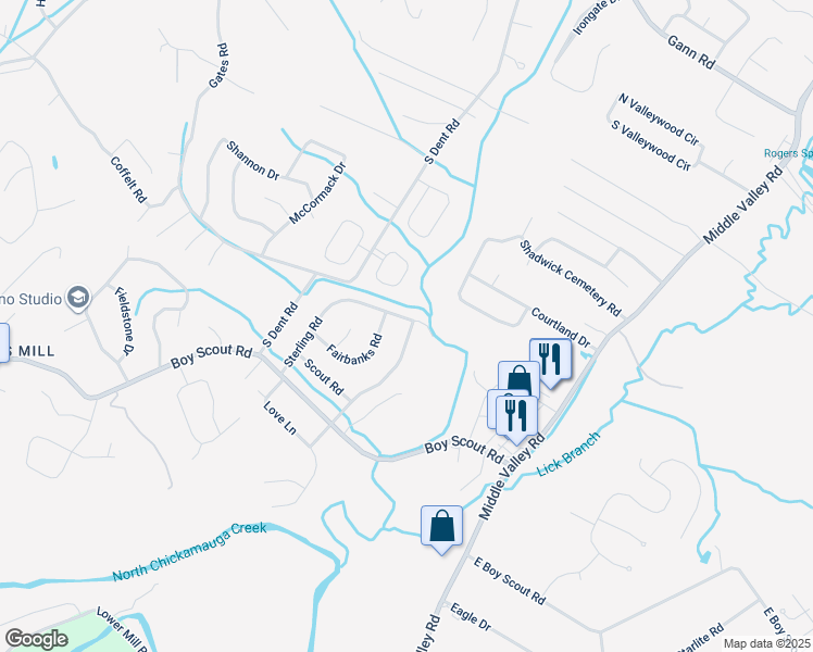map of restaurants, bars, coffee shops, grocery stores, and more near 7310 Sterling Road in Middle Valley