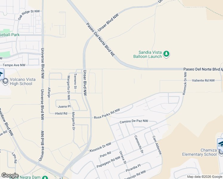 map of restaurants, bars, coffee shops, grocery stores, and more near Valiente Road Northwest in Albuquerque