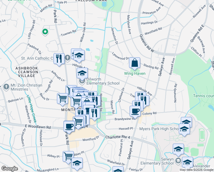 map of restaurants, bars, coffee shops, grocery stores, and more near 3126 Westfield Road in Charlotte