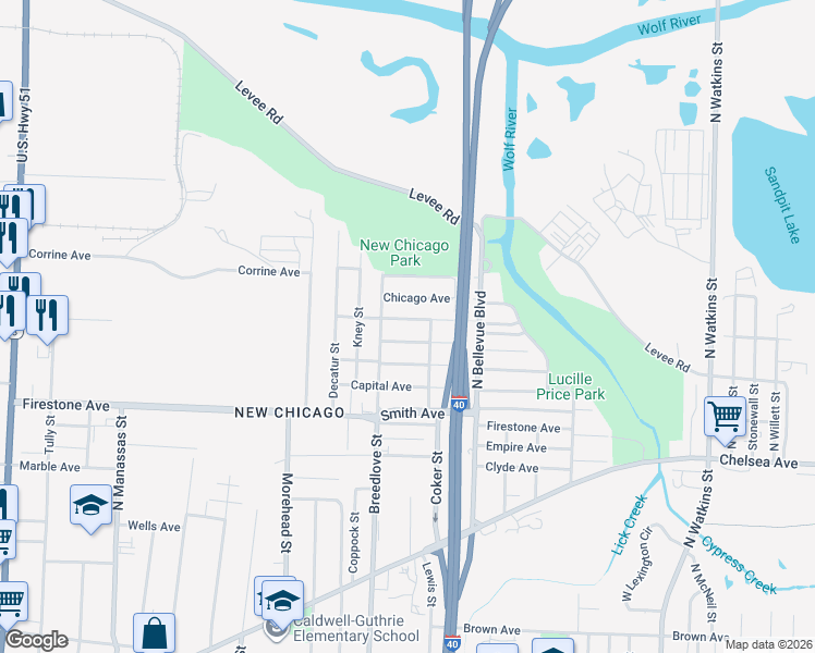 map of restaurants, bars, coffee shops, grocery stores, and more near 1398 Breedlove Street in Memphis