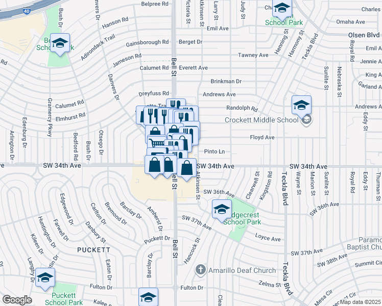 map of restaurants, bars, coffee shops, grocery stores, and more near 3357 Bell Street in Amarillo