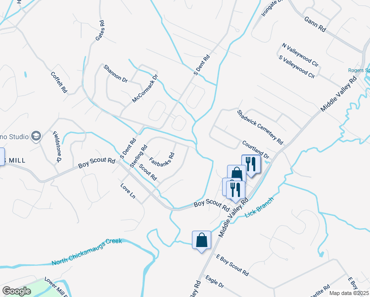 map of restaurants, bars, coffee shops, grocery stores, and more near 7310 Sterling Road in Middle Valley