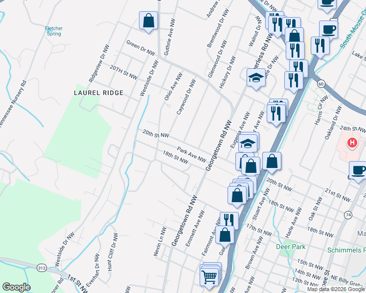 map of restaurants, bars, coffee shops, grocery stores, and more near 2004 Glenwood Drive Northwest in Cleveland