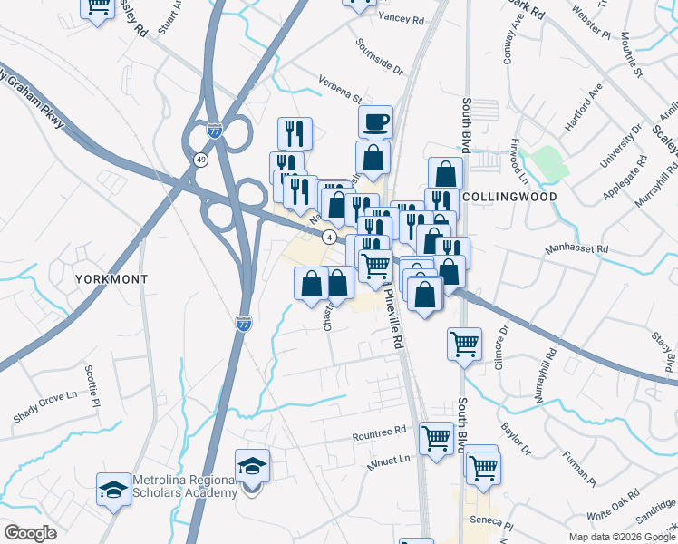 map of restaurants, bars, coffee shops, grocery stores, and more near 200 E Woodlawn Rd in Charlotte