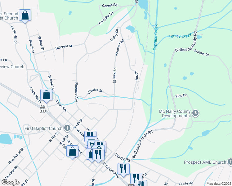 map of restaurants, bars, coffee shops, grocery stores, and more near 112 Perkins Street in Selmer