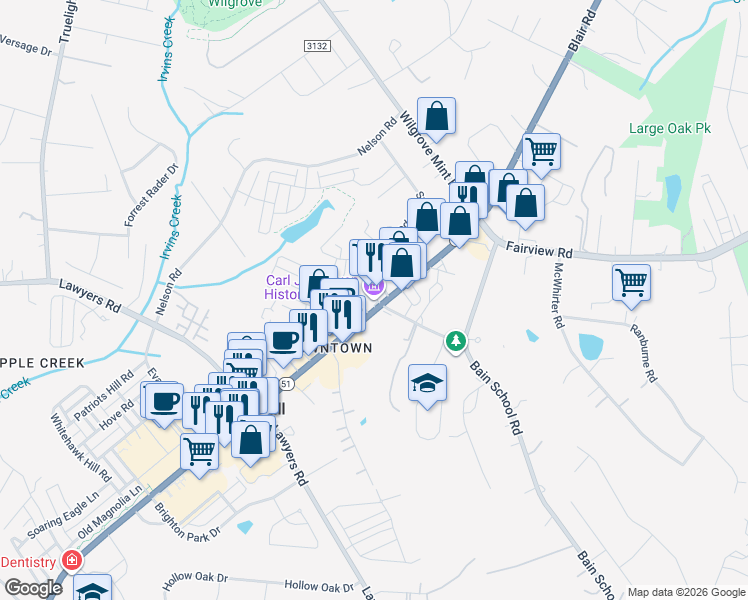 map of restaurants, bars, coffee shops, grocery stores, and more near 7601 Matthews-Mint Hill Road in Mint Hill