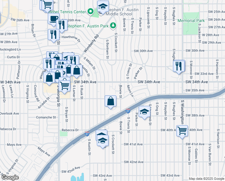 map of restaurants, bars, coffee shops, grocery stores, and more near 3400 Bowie Street in Amarillo