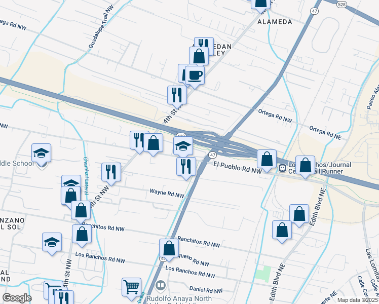 map of restaurants, bars, coffee shops, grocery stores, and more near 291 El Pueblo Road Northeast in Albuquerque