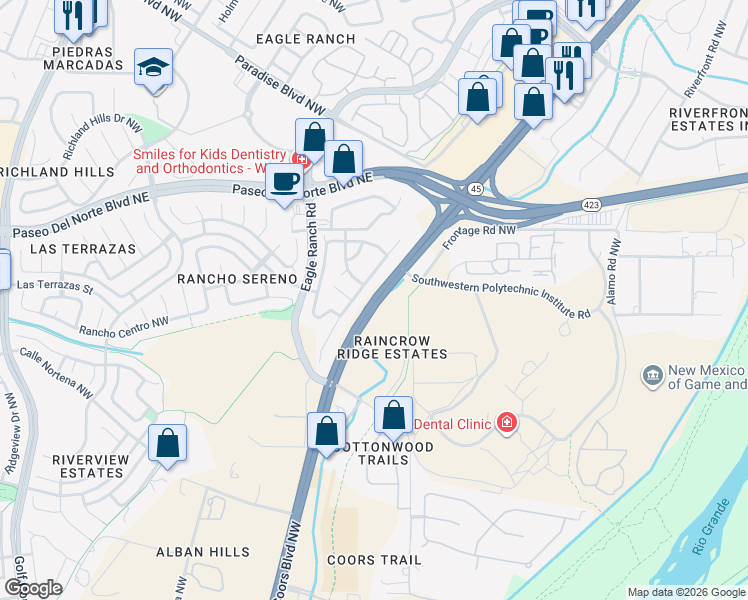 map of restaurants, bars, coffee shops, grocery stores, and more near 8201 Bluffs Edge Place Northwest in Albuquerque