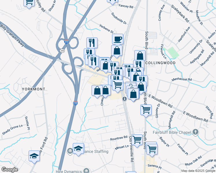 map of restaurants, bars, coffee shops, grocery stores, and more near 200 E Woodlawn Rd in Charlotte
