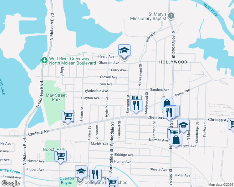 map of restaurants, bars, coffee shops, grocery stores, and more near 2204 Clarksdale Avenue in Memphis