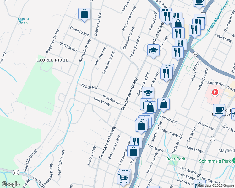 map of restaurants, bars, coffee shops, grocery stores, and more near 2002 Hickory Drive Northwest in Cleveland