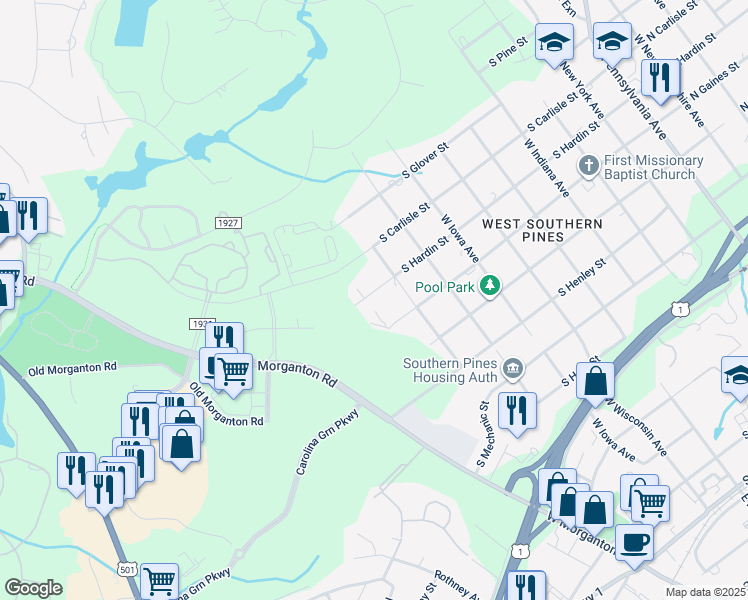 map of restaurants, bars, coffee shops, grocery stores, and more near 981 South Hardin Street in Southern Pines