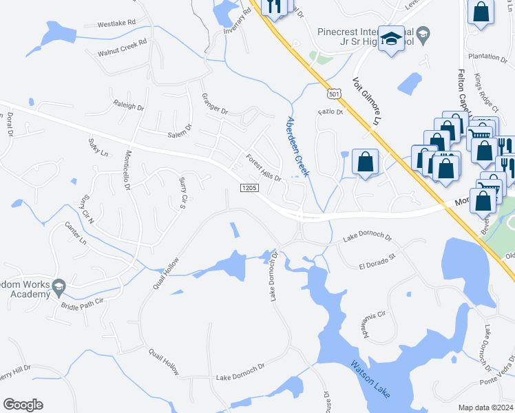 map of restaurants, bars, coffee shops, grocery stores, and more near 40 Quail Hollow in Pinehurst